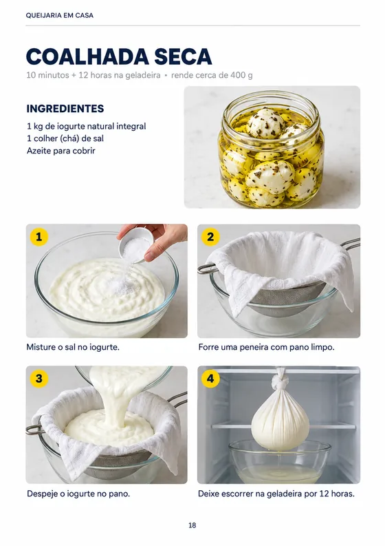 Página do material — Coalhada seca: ingredientes e passos 1 a 4